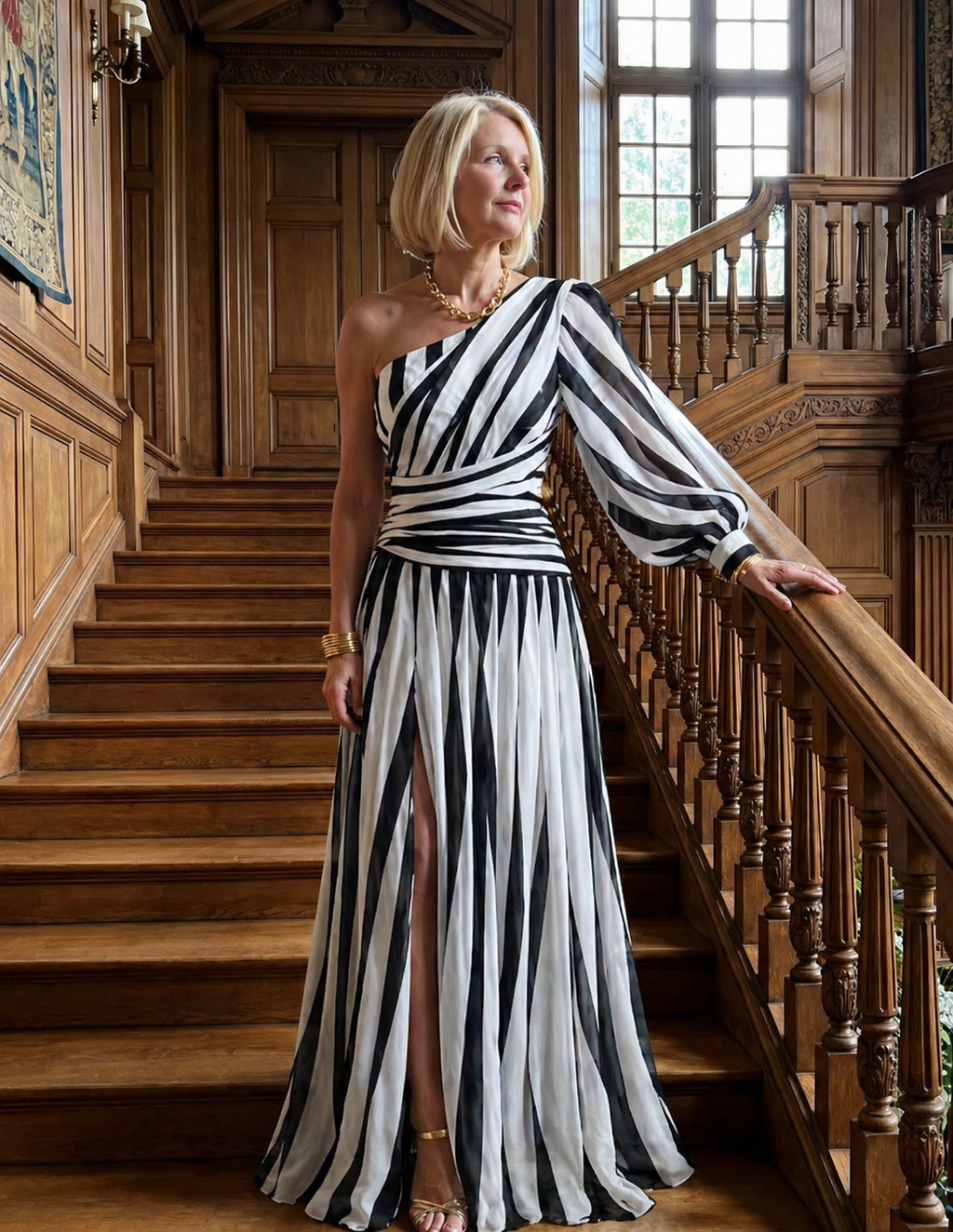 Aurora Valencia |Elegant Striped Maxi Dress with One Shoulder