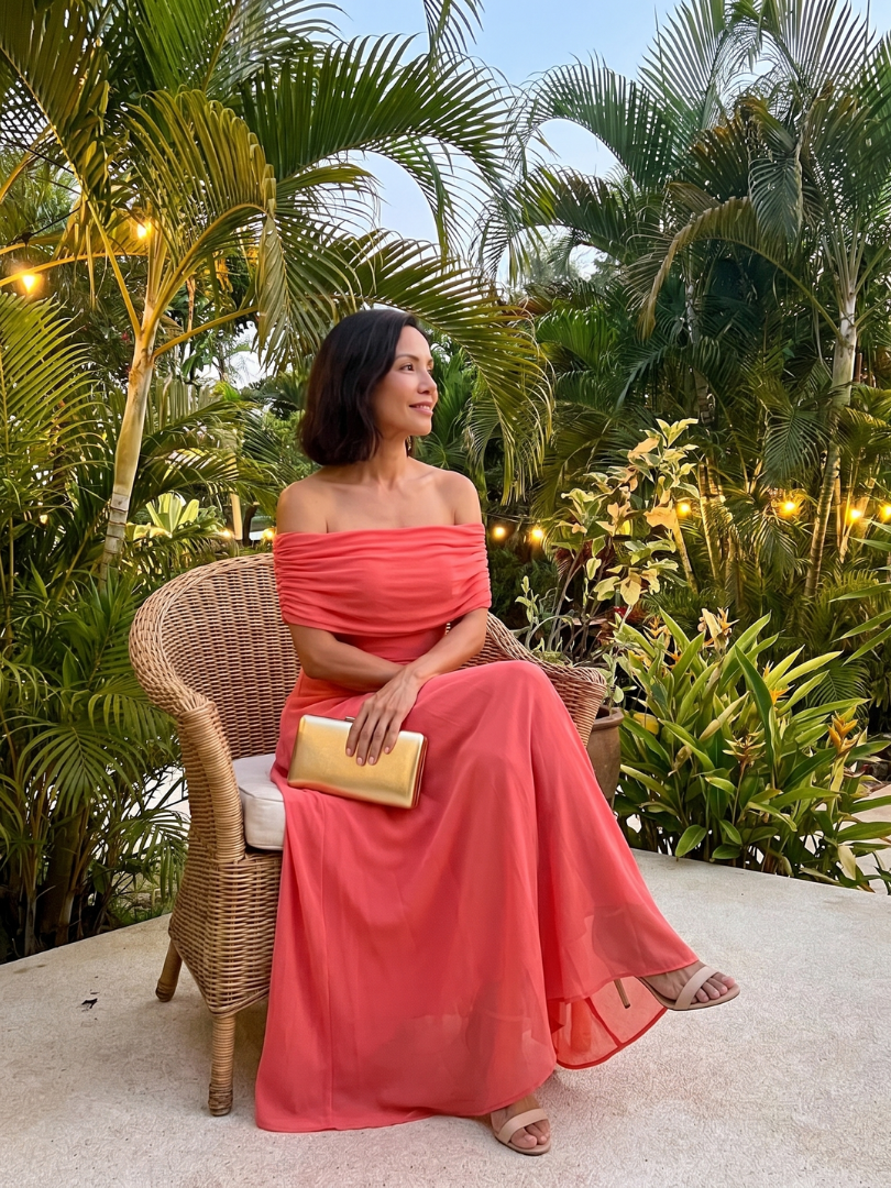 Aurora Valencia | Off Shoulder Draped Midi Dress