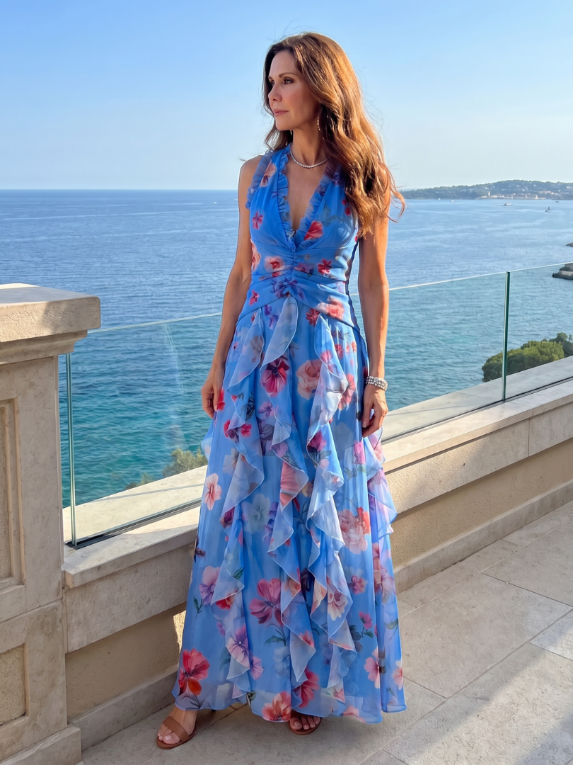 Aurora Valencia | Halter Neck Ruched Bodice Floral Maxi Dress