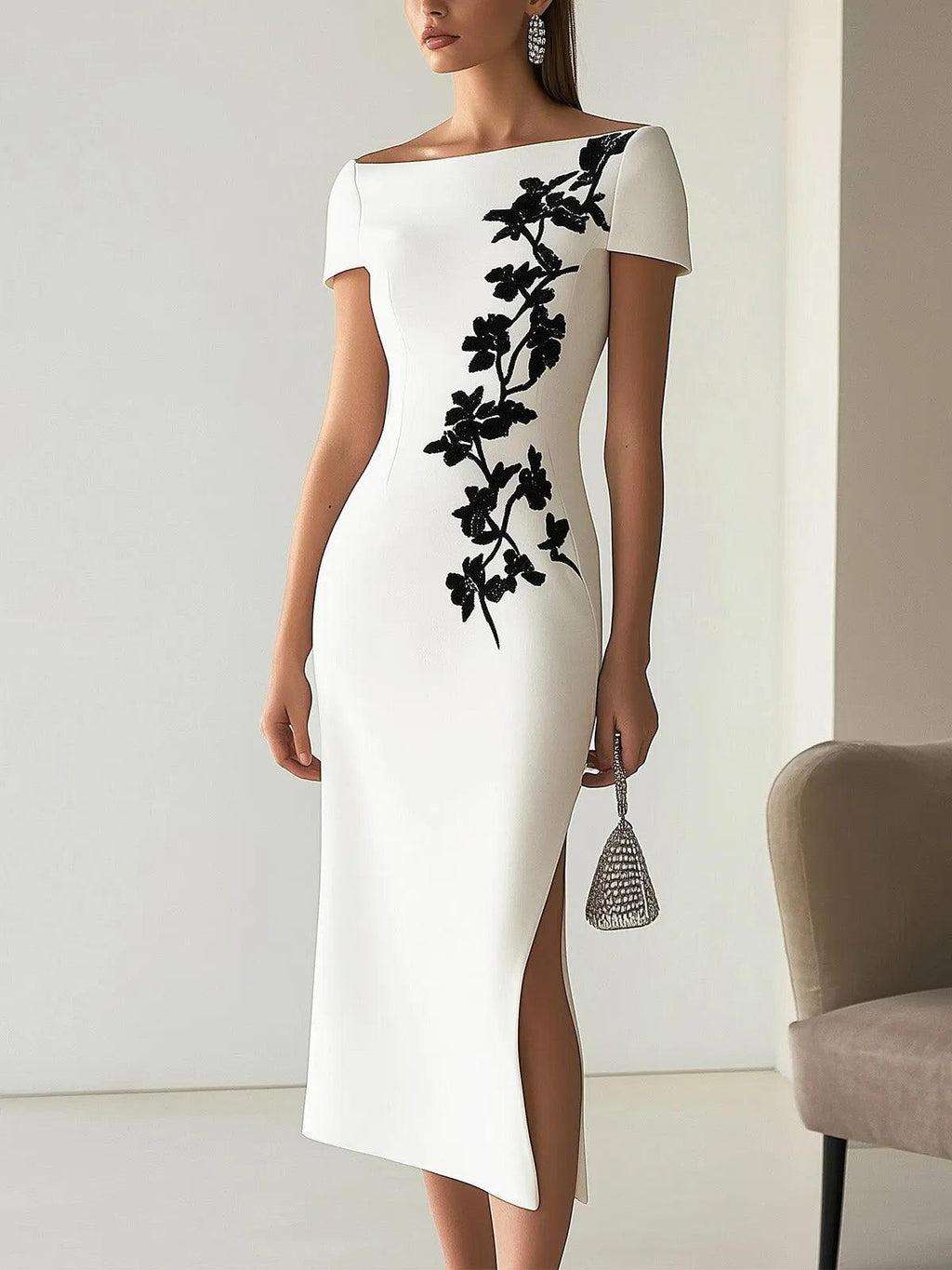 Aurora Valencia | Chic Floral Print Boat Neck Midi Dress Outfit