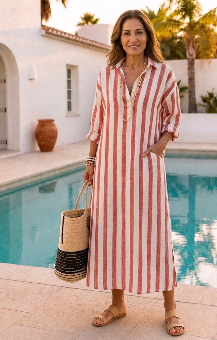 Aurora Valencia | Long Sleeve Striped Midi Shirt Dress