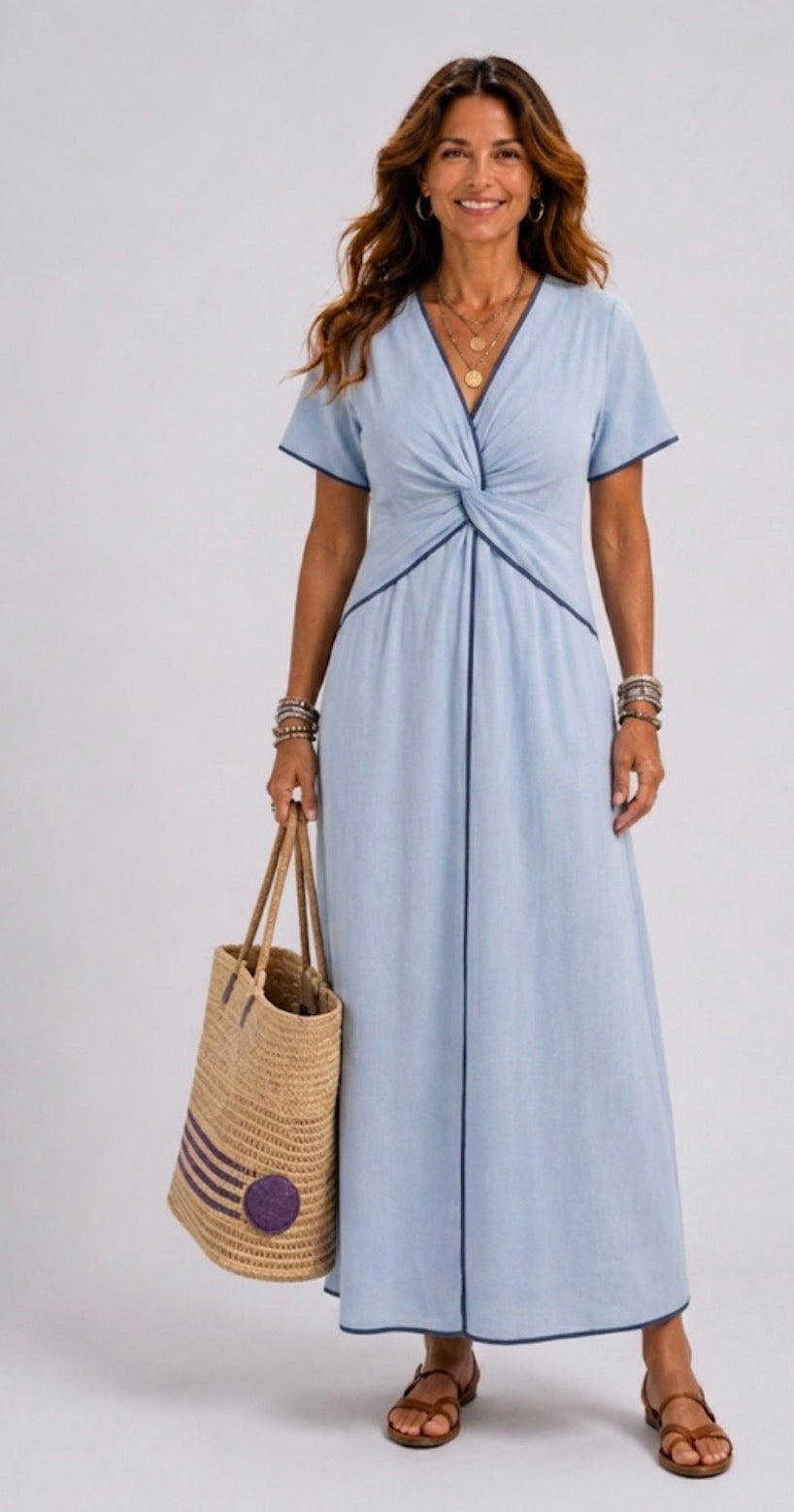 Aurora Valencia | V Neck Short Sleeve Twist Front Midi Dress