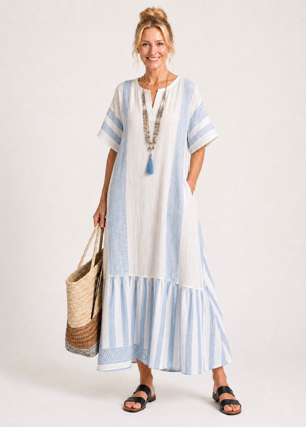 Aurora Valencia | Round Neck Short Sleeve Striped Maxi Dress