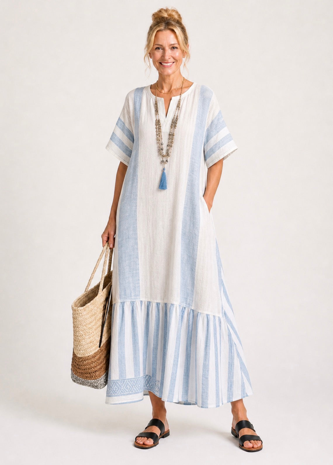 Aurora Valencia | Round Neck Short Sleeve Striped Maxi Dress