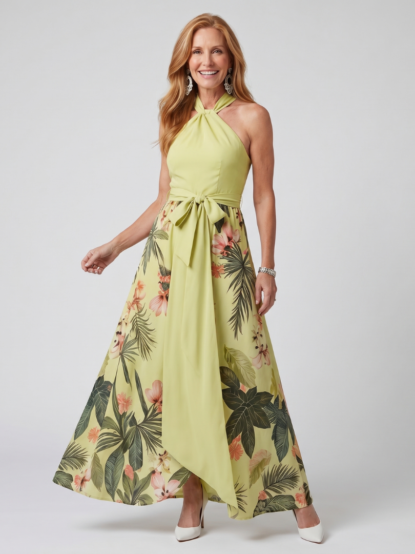 Aurora Valencia | Draped Halter Botanical Panel Maxi Dress