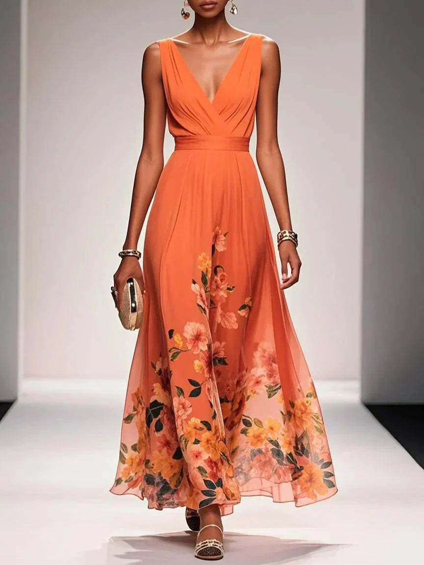 Aurora Valencia  | Light Blue Floral Chiffon V-Neck Maxi Dress