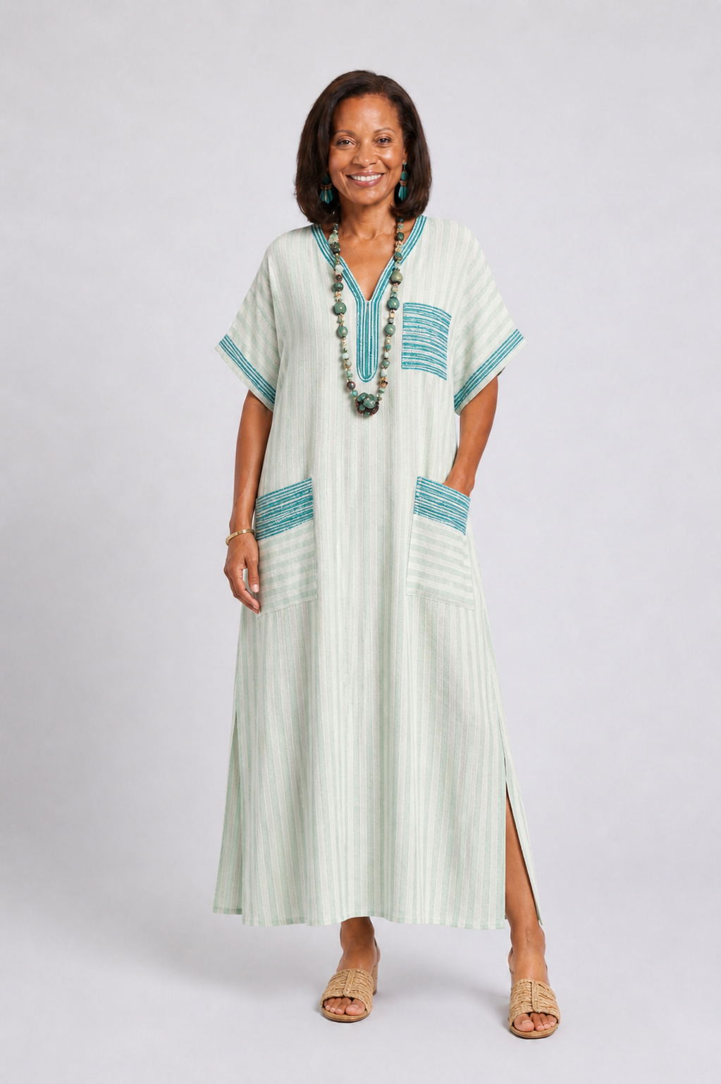 Aurora Valencia | Striped V Neck Pocket Midi Dress