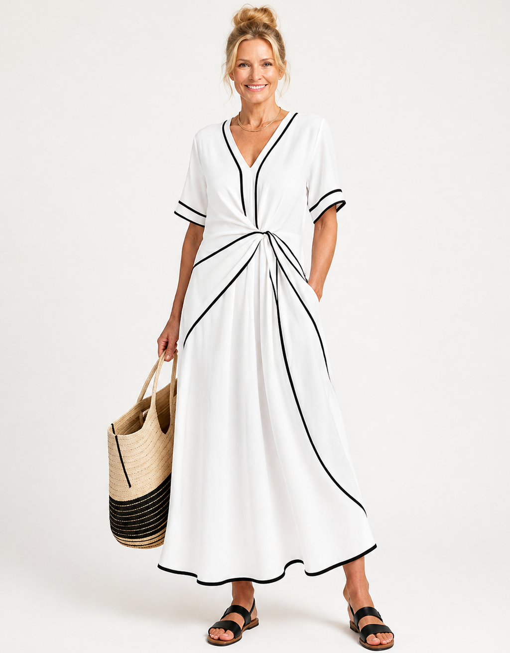 Aurora Valencia | V Neck Short Sleeve Gathered Waist Midi Dress