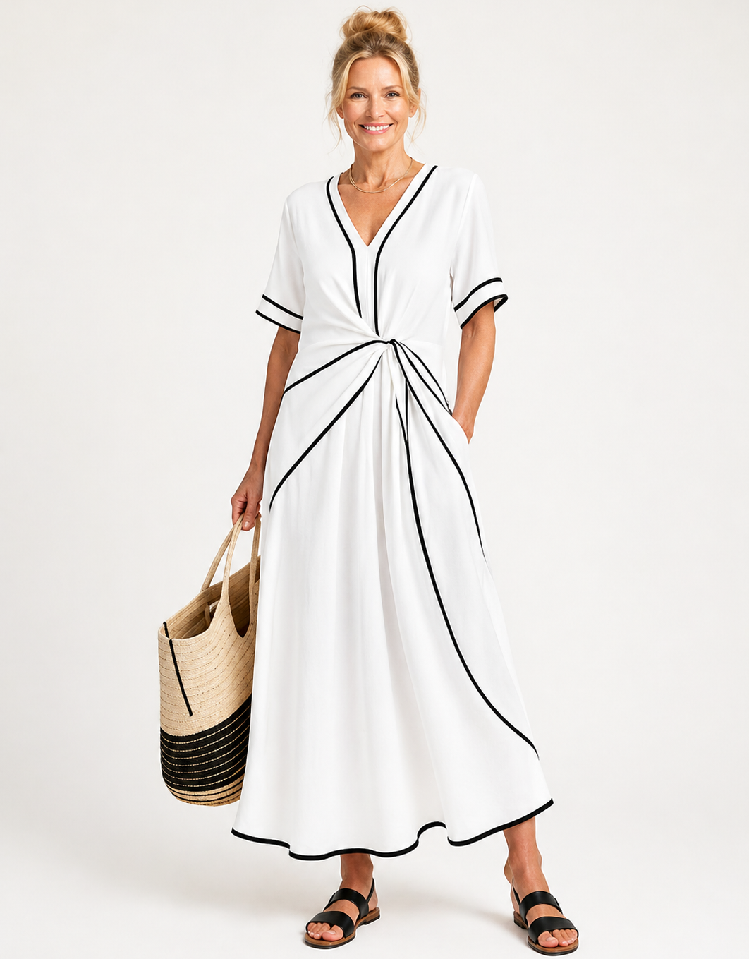 Aurora Valencia | V Neck Short Sleeve Gathered Waist Midi Dress