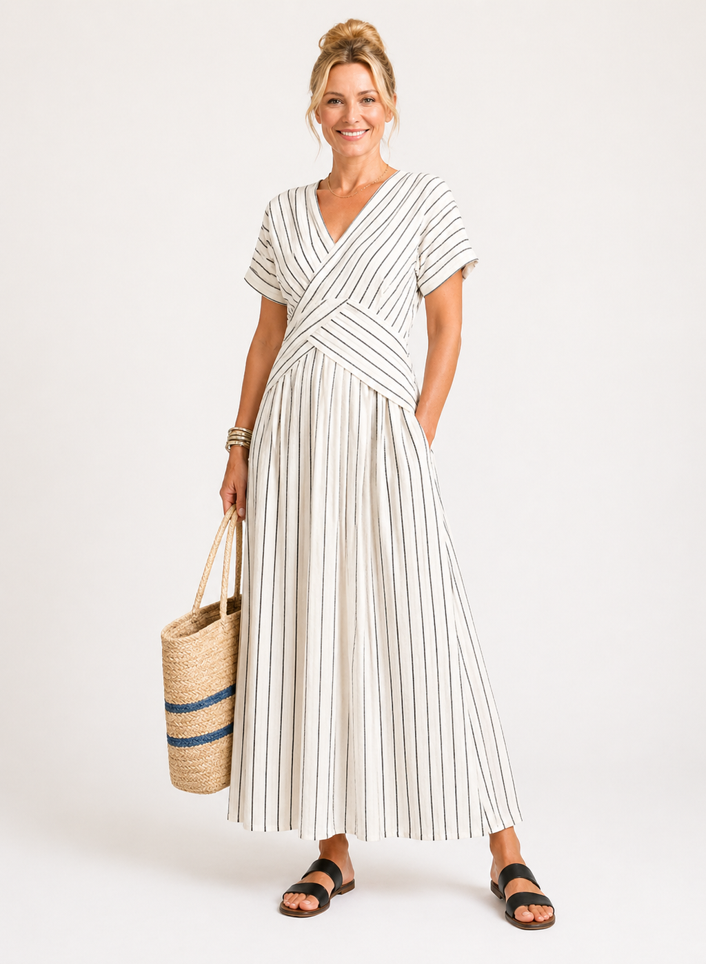 Aurora Valencia | V Neck Short Sleeve Cross Waist Midi Dress