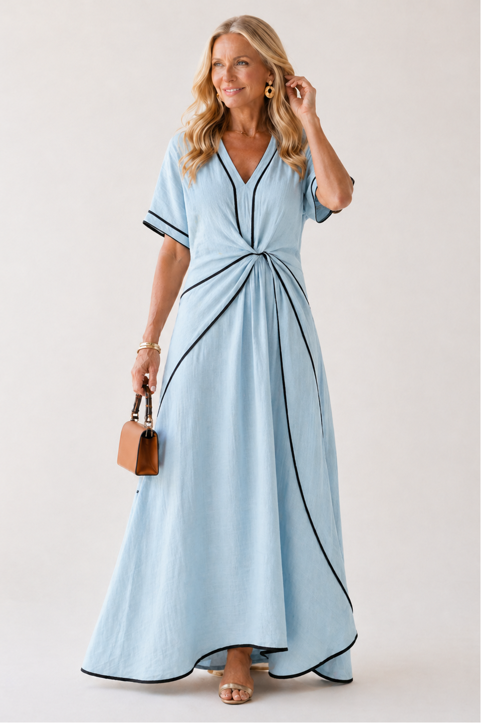 Aurora Valencia | V Neck Short Sleeve Gathered Waist Midi Dress