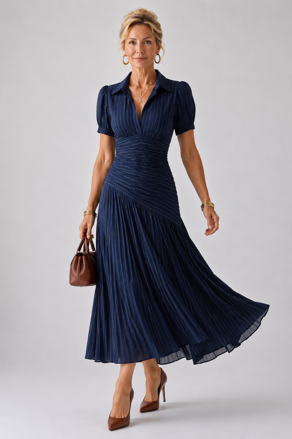 Aurora Valencia | Pleated Waistline Stripe Midi Dress