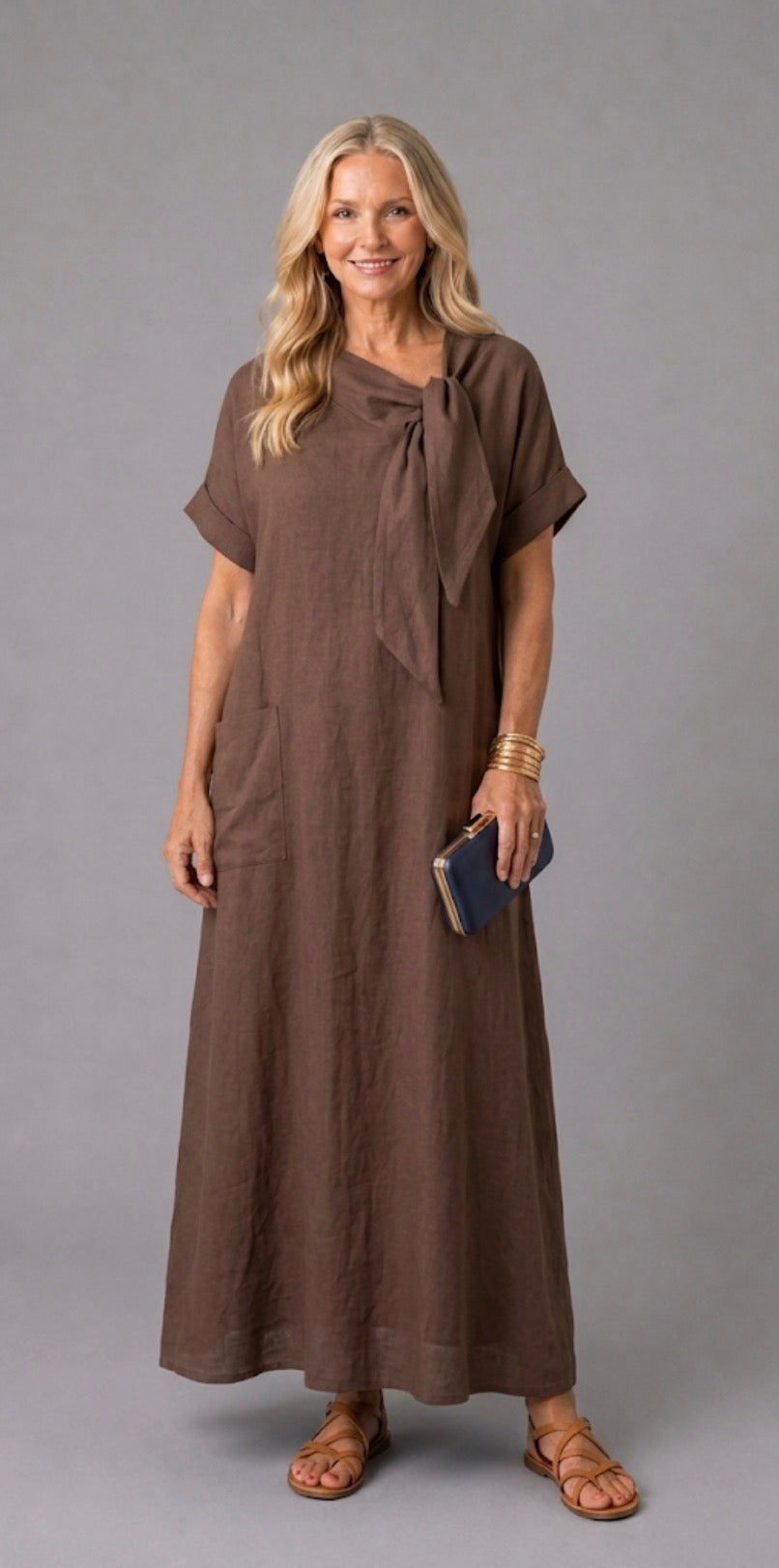 Aurora Valencia | Short Sleeve Tie Neck Pocket Midi Dress