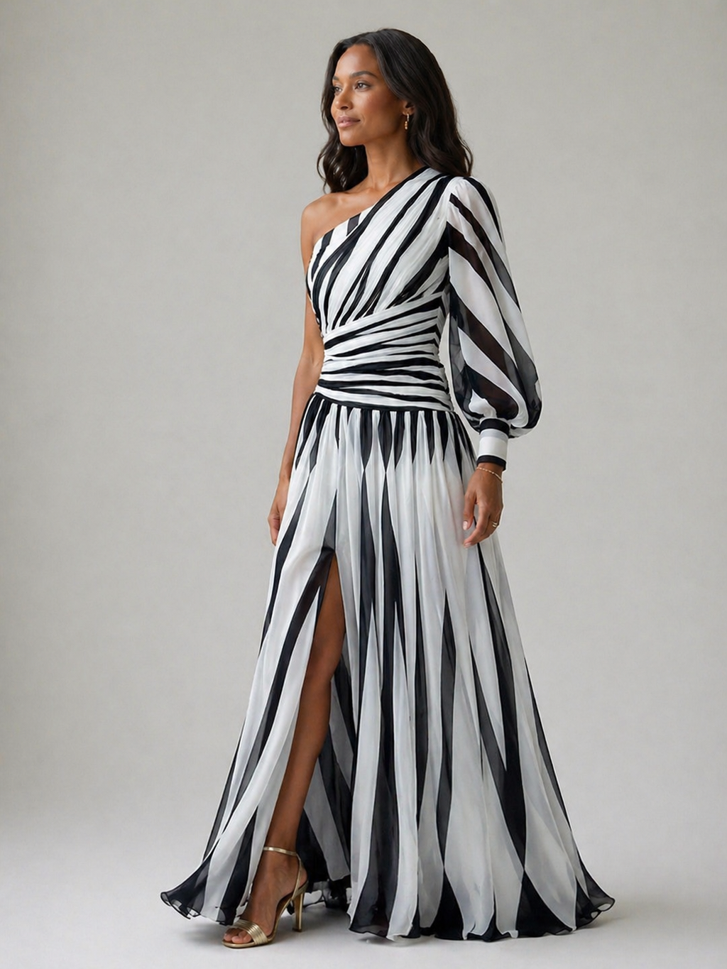 Aurora Valencia |Elegant Striped Maxi Dress with One Shoulder