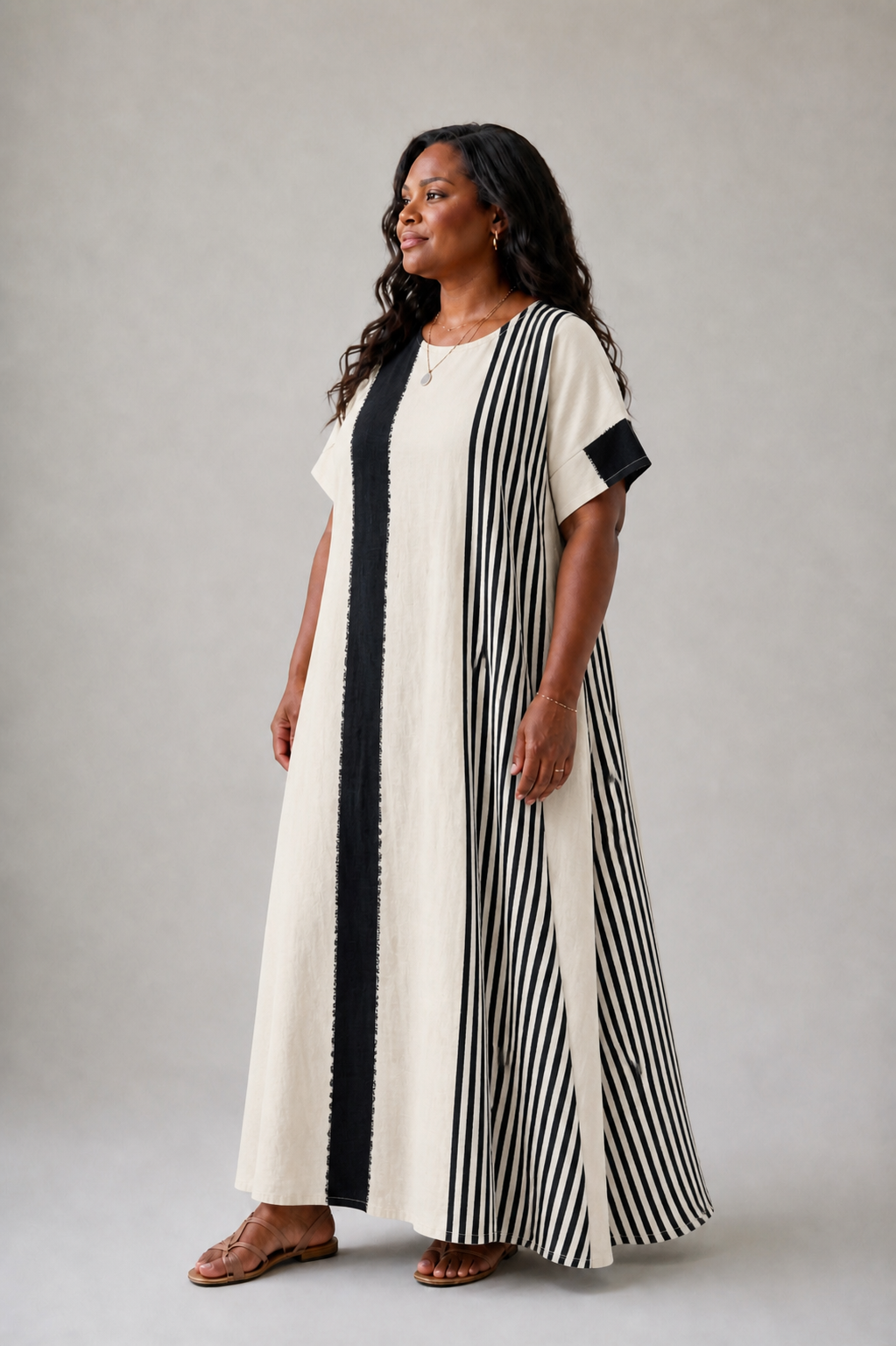Aurora Valencia | Round Neck Short Sleeve Striped Maxi Dress