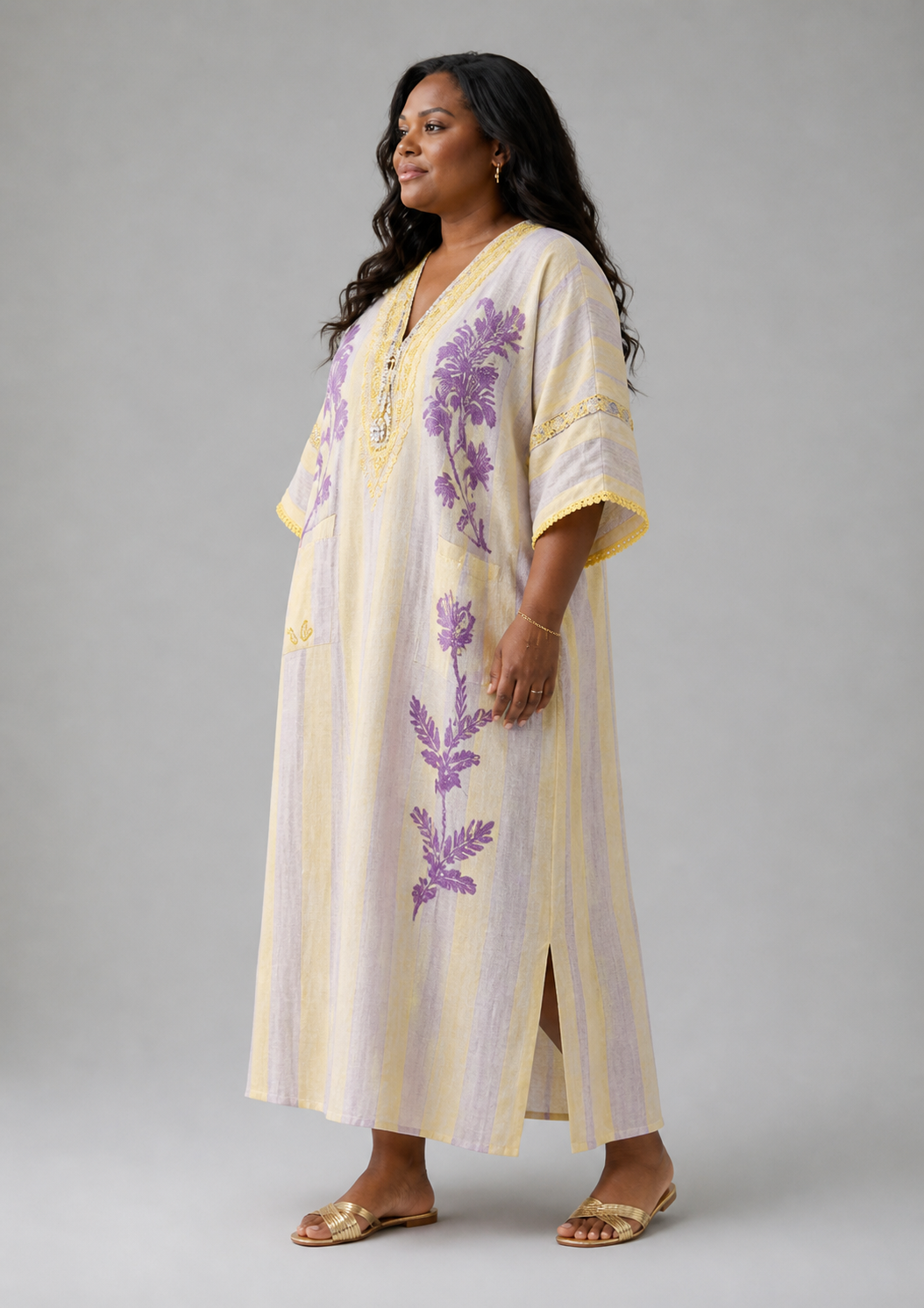 Aurora Valencia | V Neck Half Sleeve Striped Floral Maxi Dress