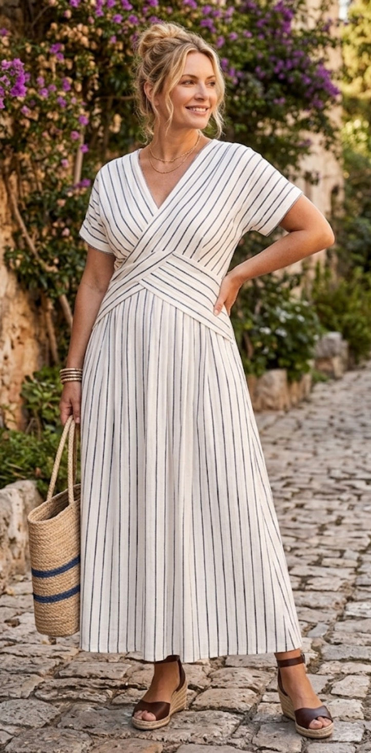 Aurora Valencia | V Neck Short Sleeve Cross Waist Midi Dress