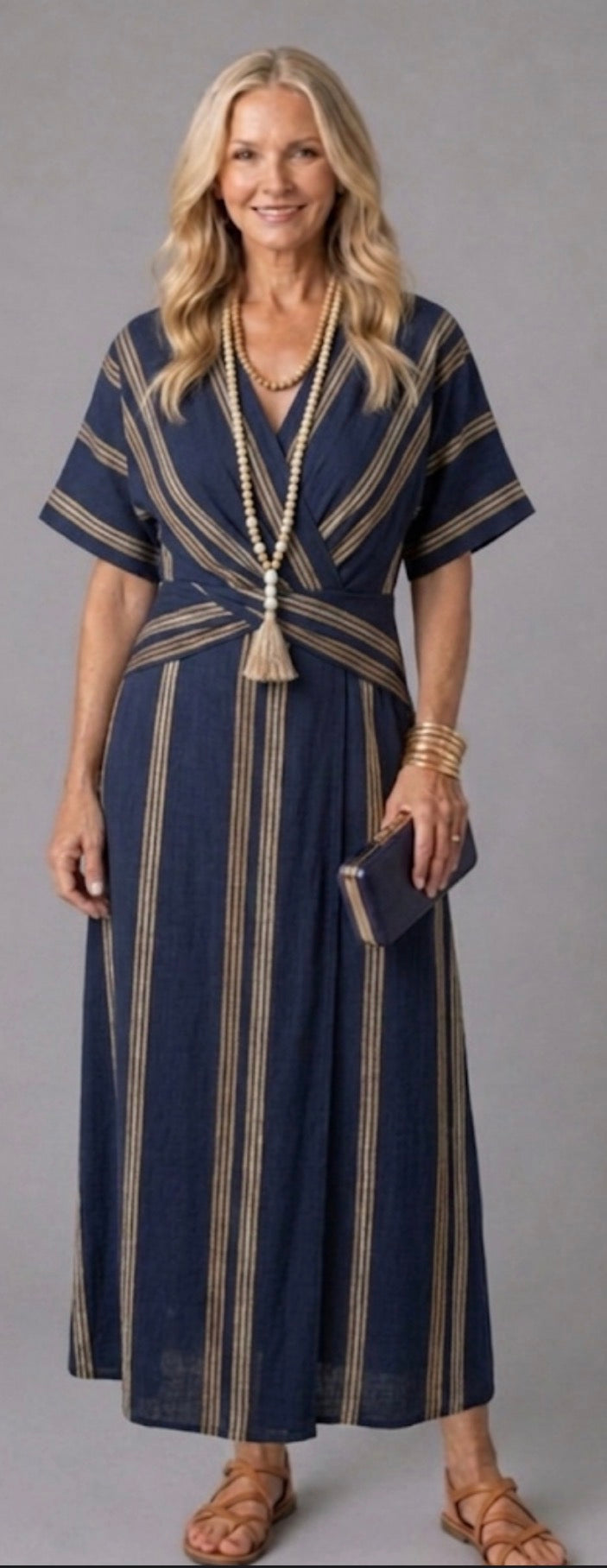 Aurora Valencia | V Neck Short Sleeve Striped Wrap Midi Dress