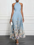 Aurora Valencia | Blue Floral Chiffon Halter Maxi Dress