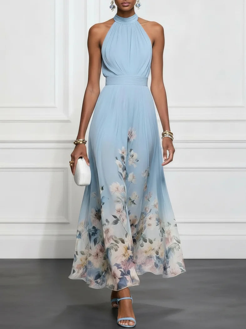 Aurora Valencia | Blue Floral Chiffon Halter Maxi Dress