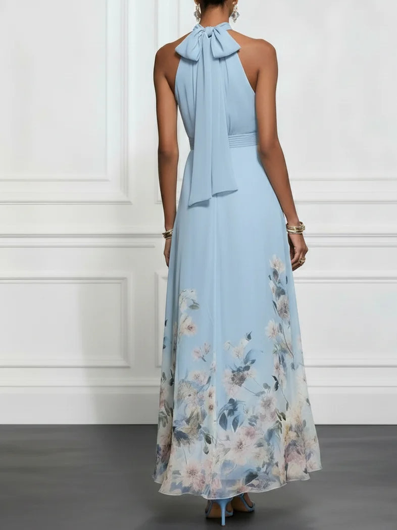 Aurora Valencia | Blue Floral Chiffon Halter Maxi Dress