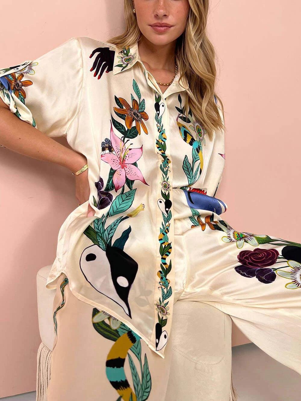 Aurora Valencia | Resort Vibes Satin unique print shirt & trousers set Fit