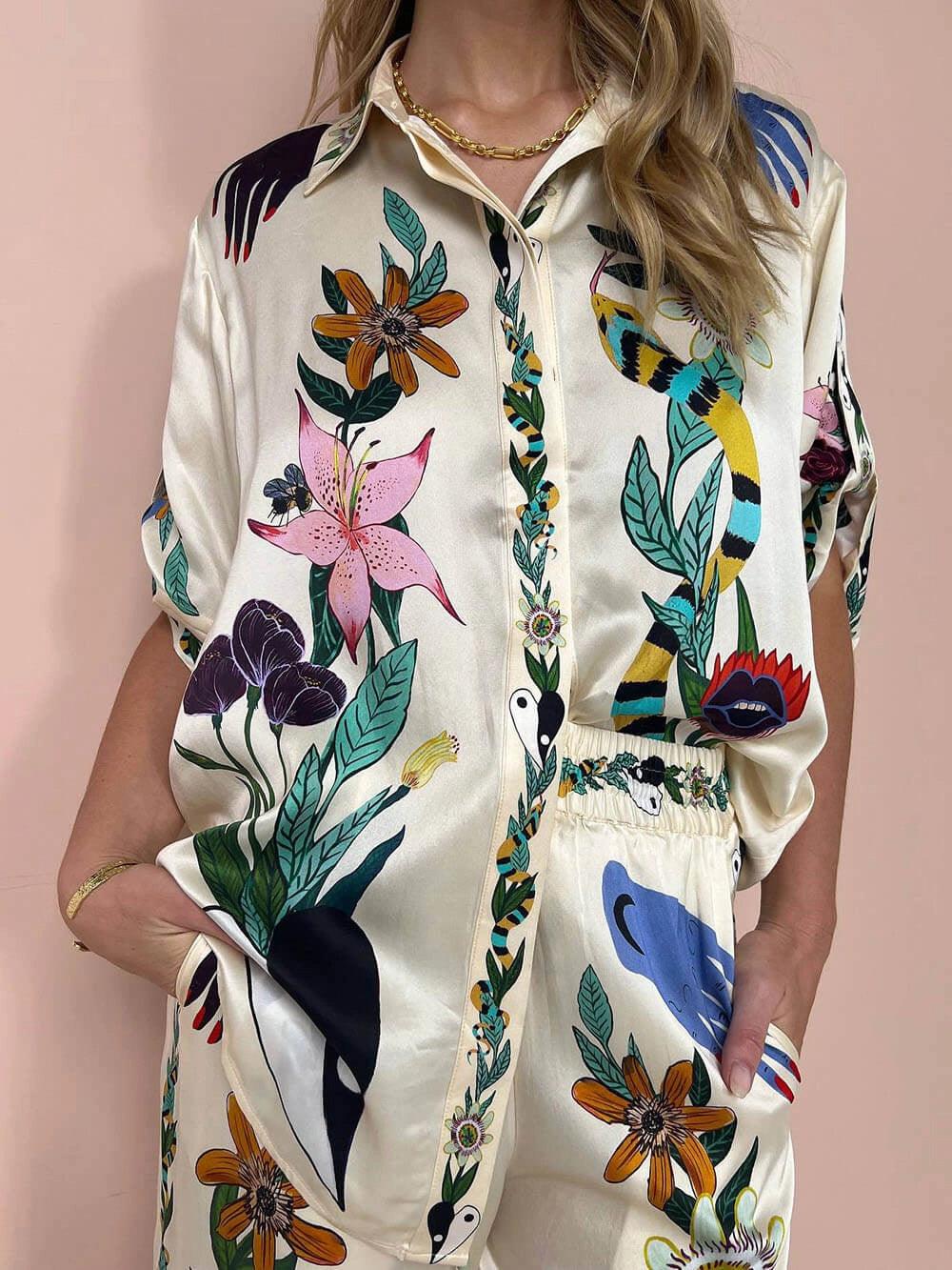 Aurora Valencia | Resort Vibes Satin unique print shirt & trousers set Fit