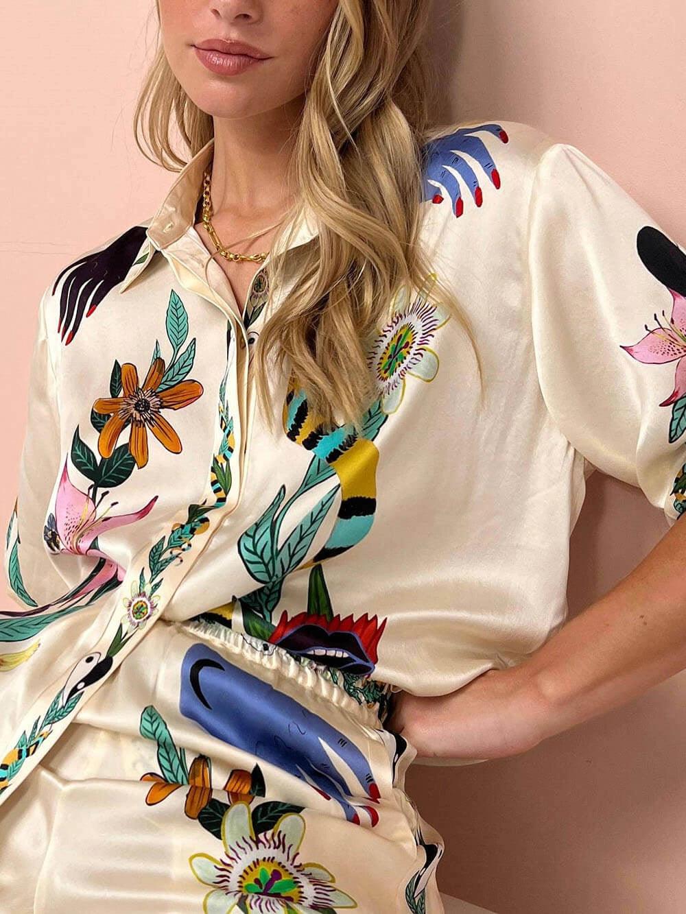 Aurora Valencia | Resort Vibes Satin unique print shirt & trousers set Fit