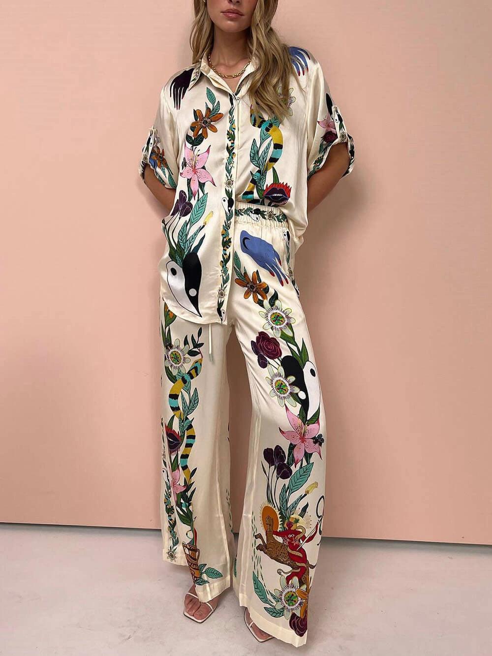 Aurora Valencia | Resort Vibes Satin unique print shirt & trousers set Fit