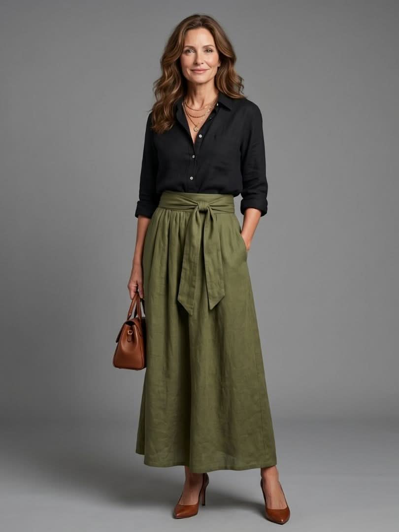 Aurora Valencia | Two Piece Set Black Blouse Olive Green Midi Skirt