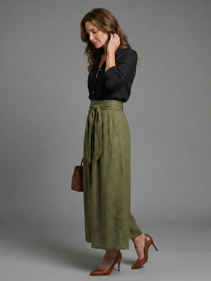 Aurora Valencia | Two Piece Set Black Blouse Olive Green Midi Skirt