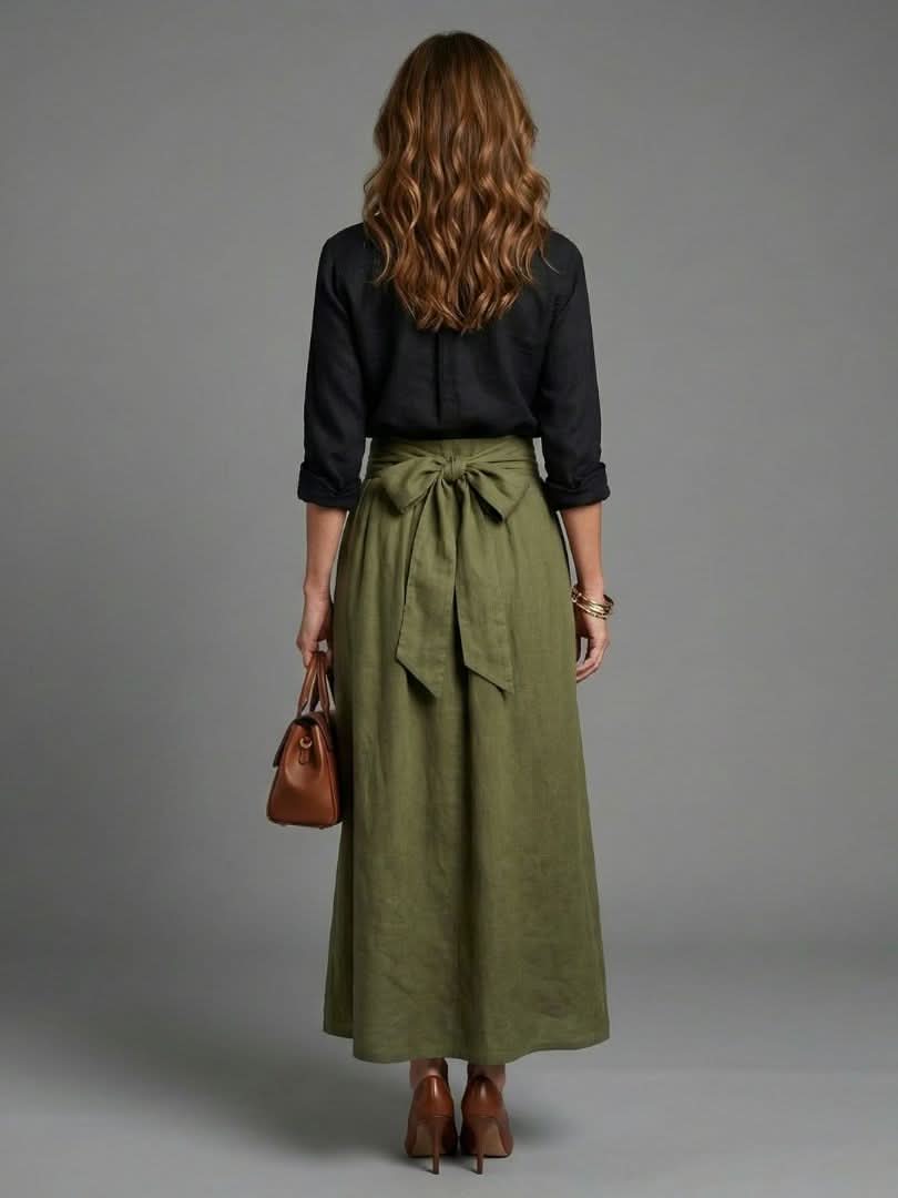 Aurora Valencia | Two Piece Set Black Blouse Olive Green Midi Skirt