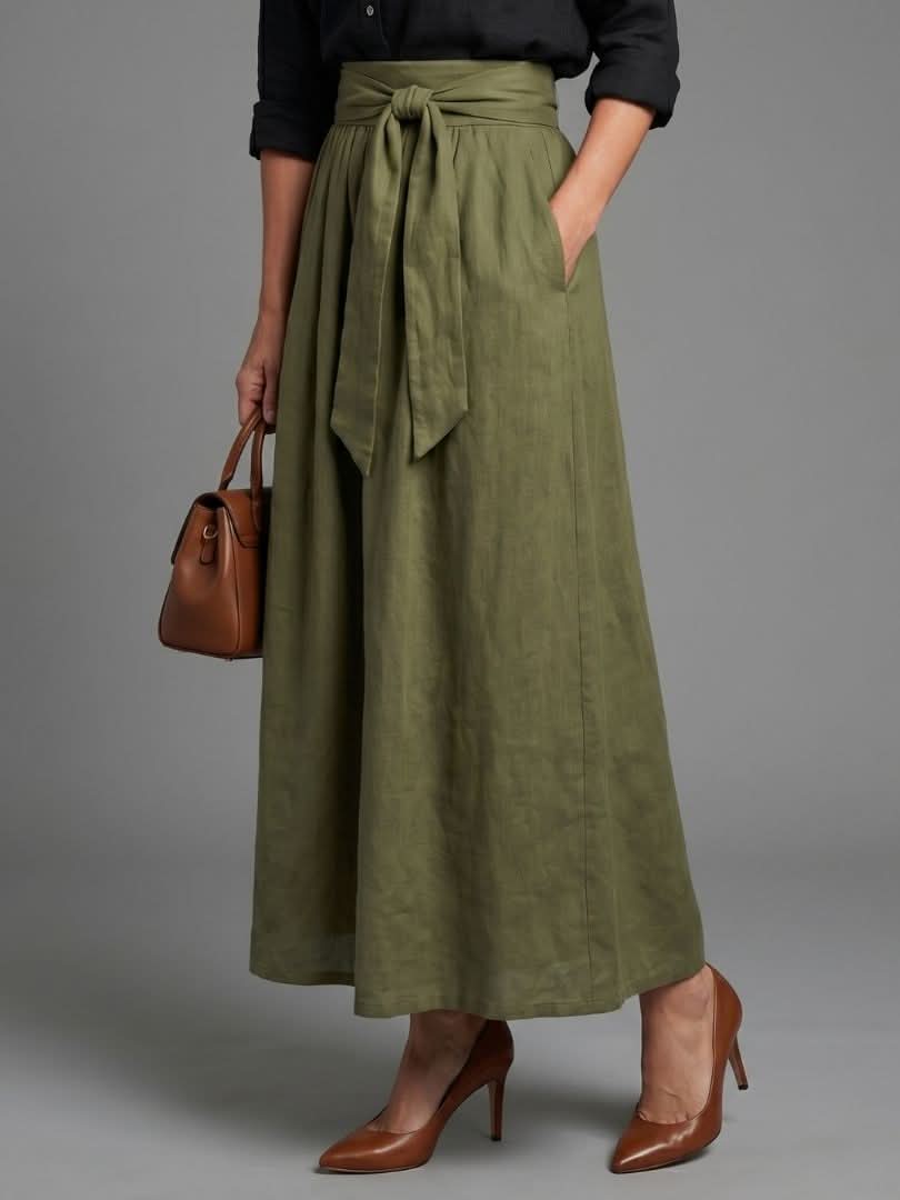 Aurora Valencia | Two Piece Set Black Blouse Olive Green Midi Skirt