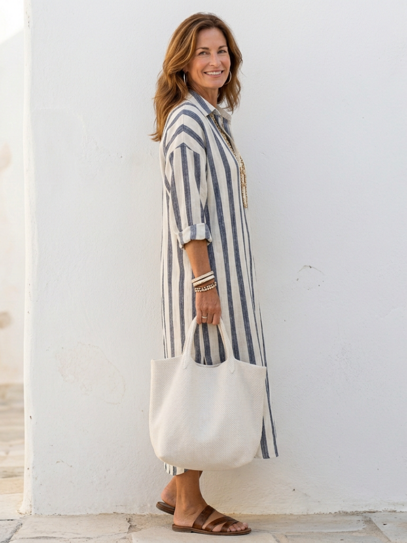 Aurora Valencia | Long Sleeve Striped Midi Shirt Dress