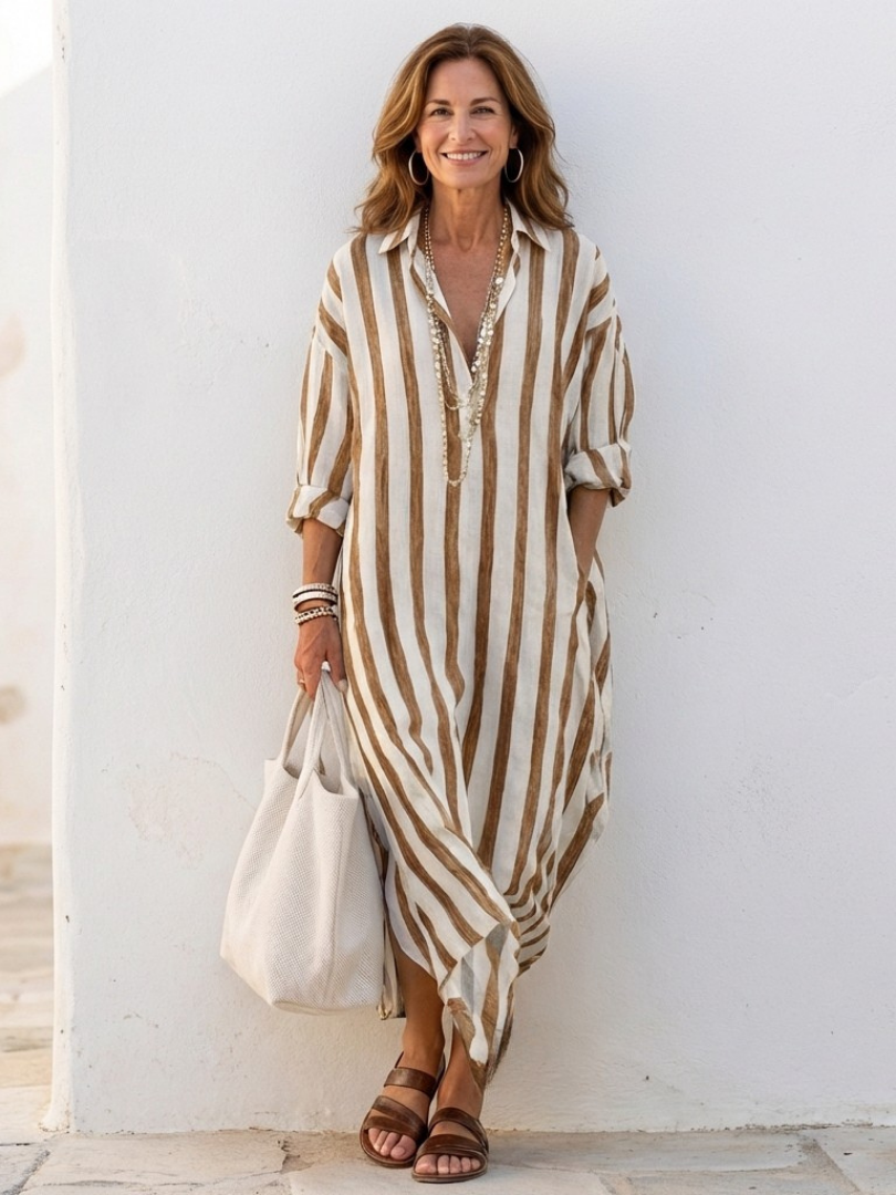 Aurora Valencia | Long Sleeve Striped Midi Shirt Dress