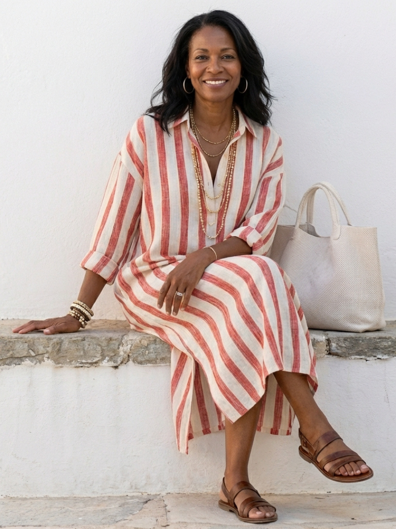 Aurora Valencia | Long Sleeve Striped Midi Shirt Dress