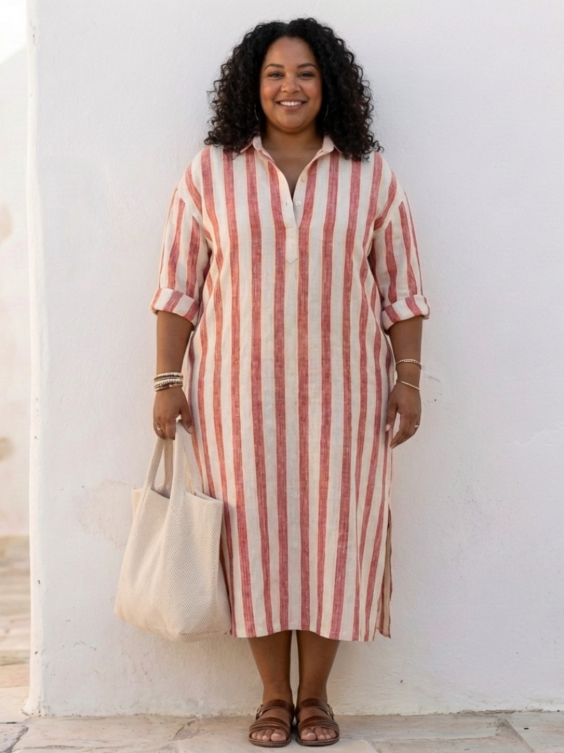 Aurora Valencia | Long Sleeve Striped Midi Shirt Dress