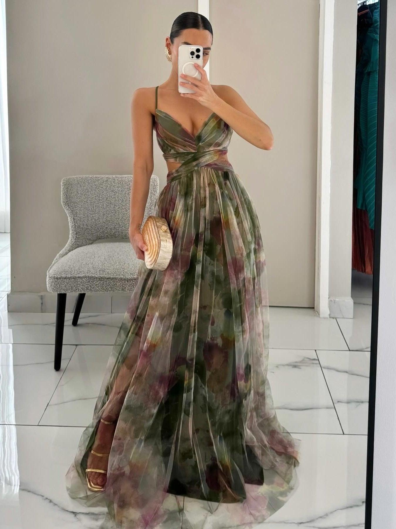 Aurora Valencia | Painted Floral Print V-Neck Maxi Dress