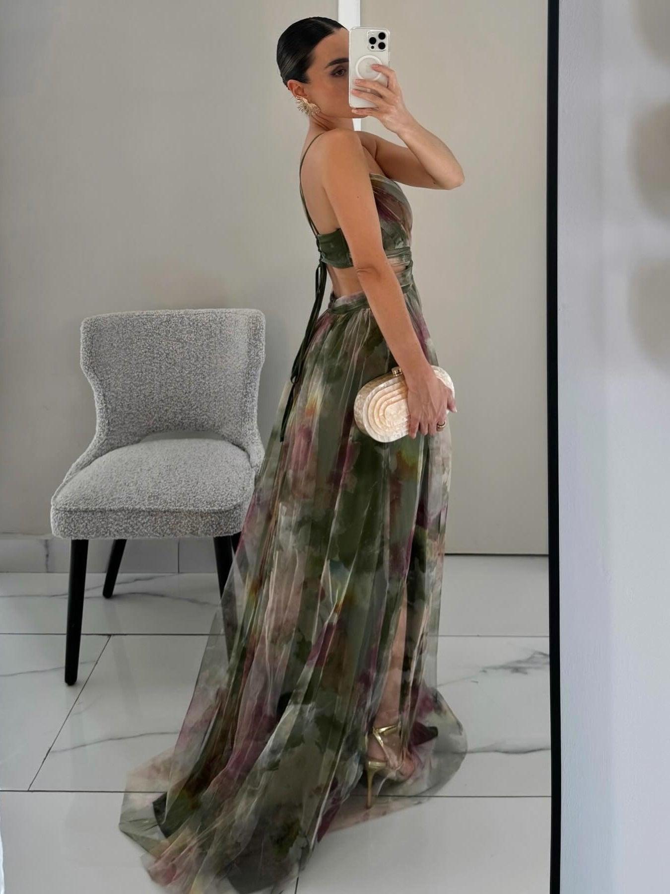 Aurora Valencia | Painted Floral Print V-Neck Maxi Dress