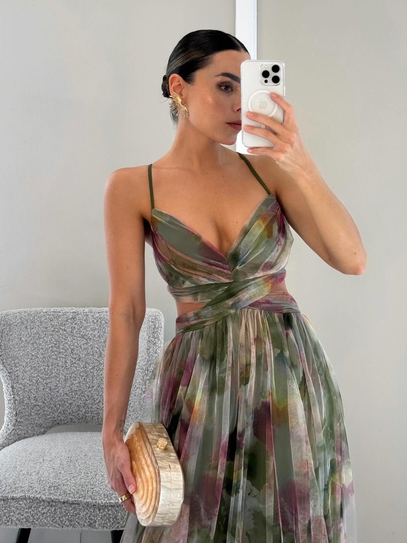 Aurora Valencia | Painted Floral Print V-Neck Maxi Dress