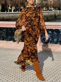 Aurora Valencia | Beach Glam Brown long printed dress