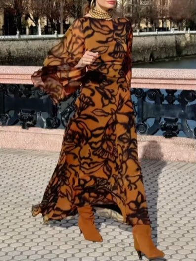Aurora Valencia | Beach Glam Brown long printed dress