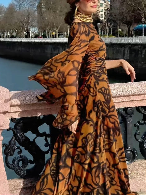 Aurora Valencia | Beach Glam Brown long printed dress