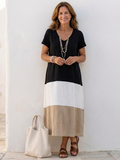 Aurora Valencia | Short Sleeve Color Block V Neck Midi Dress
