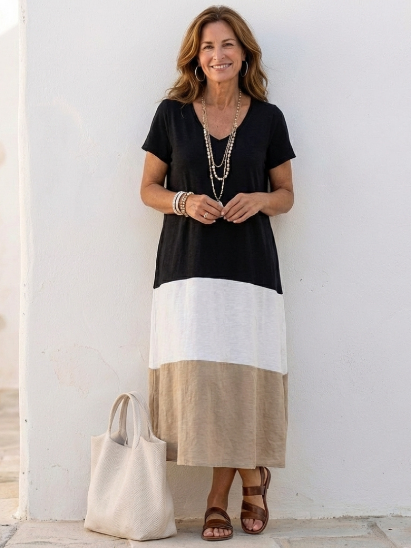 Aurora Valencia | Short Sleeve Color Block V Neck Midi Dress