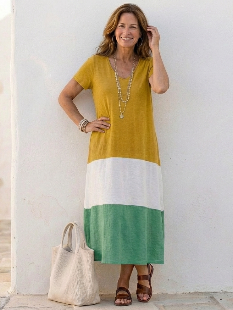 Aurora Valencia | Short Sleeve Color Block V Neck Midi Dress