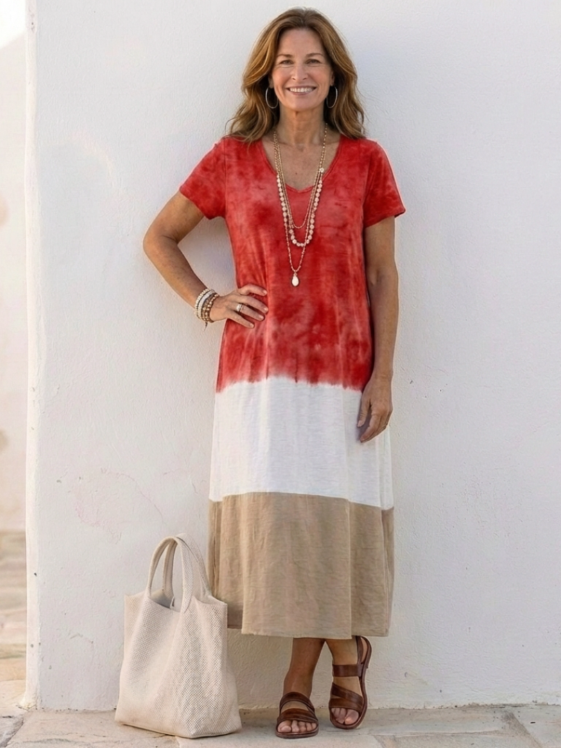 Aurora Valencia | Short Sleeve Color Block V Neck Midi Dress
