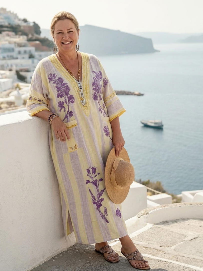 Aurora Valencia | V Neck Half Sleeve Striped Floral Maxi Dress