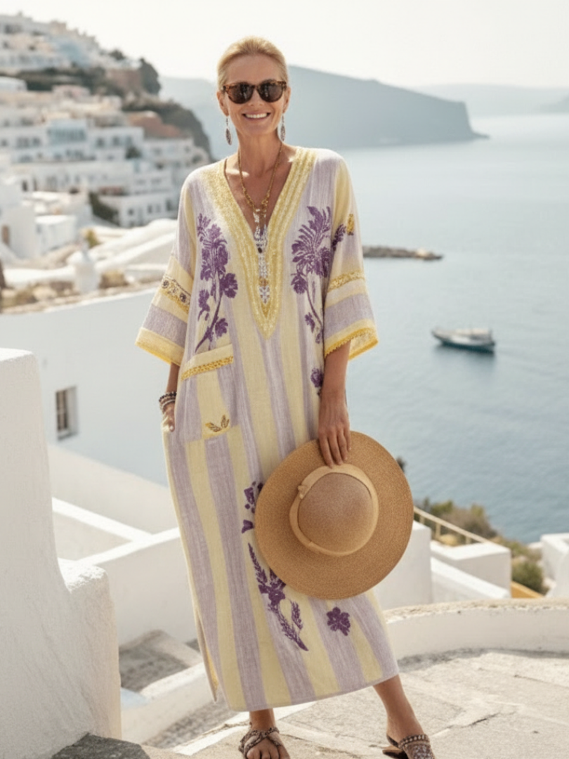Aurora Valencia | V Neck Half Sleeve Striped Floral Maxi Dress