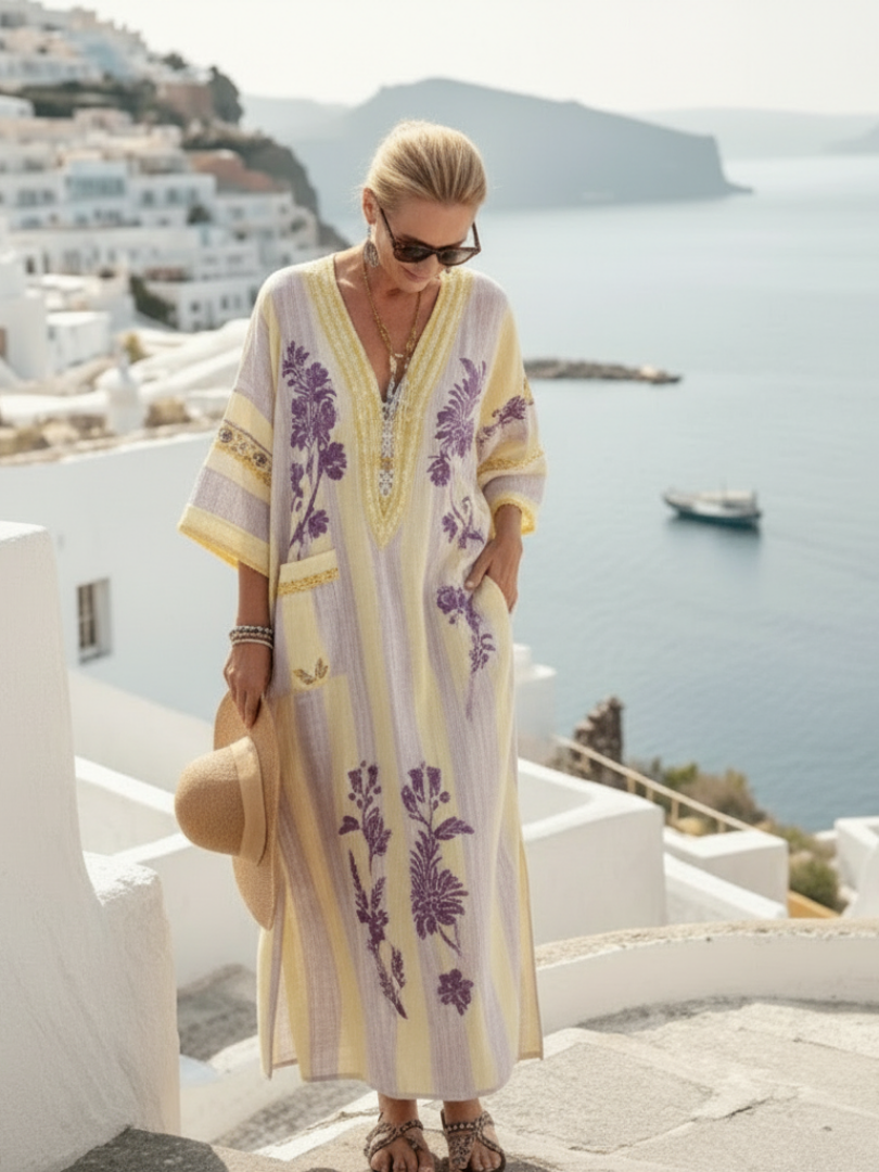 Aurora Valencia | V Neck Half Sleeve Striped Floral Maxi Dress